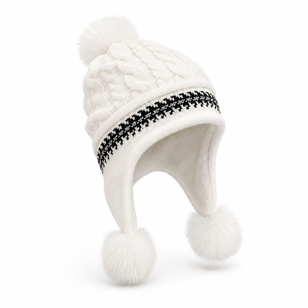 Damen-Beanie mit Ohrenklappen und dekorativem Zopfmuster
