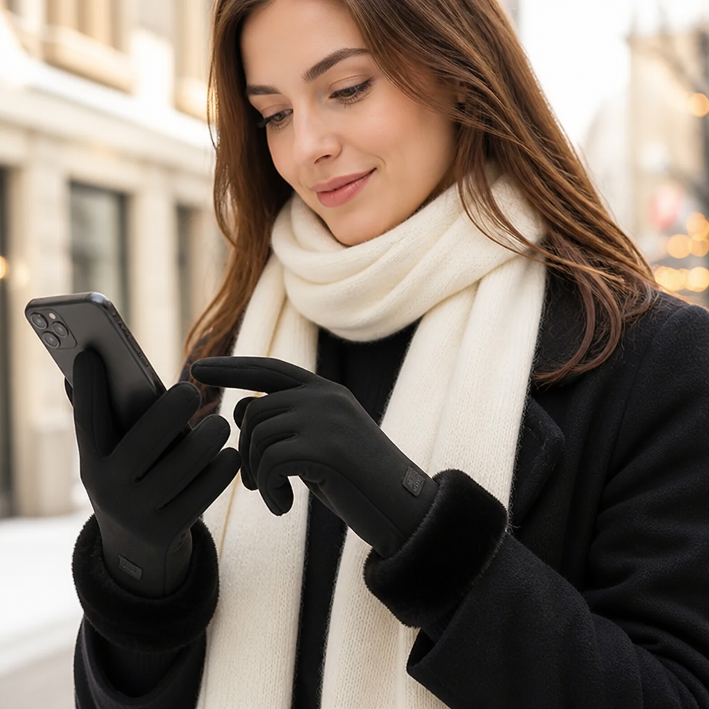Damenhandschuhe zum Bedienen eines Smartphones im Winter