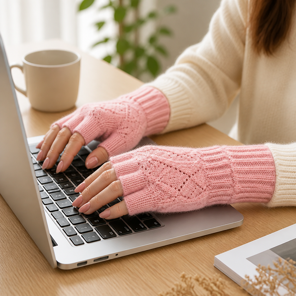 Nahaufnahme der gestrickten Struktur der fingerlosen Handschuhe