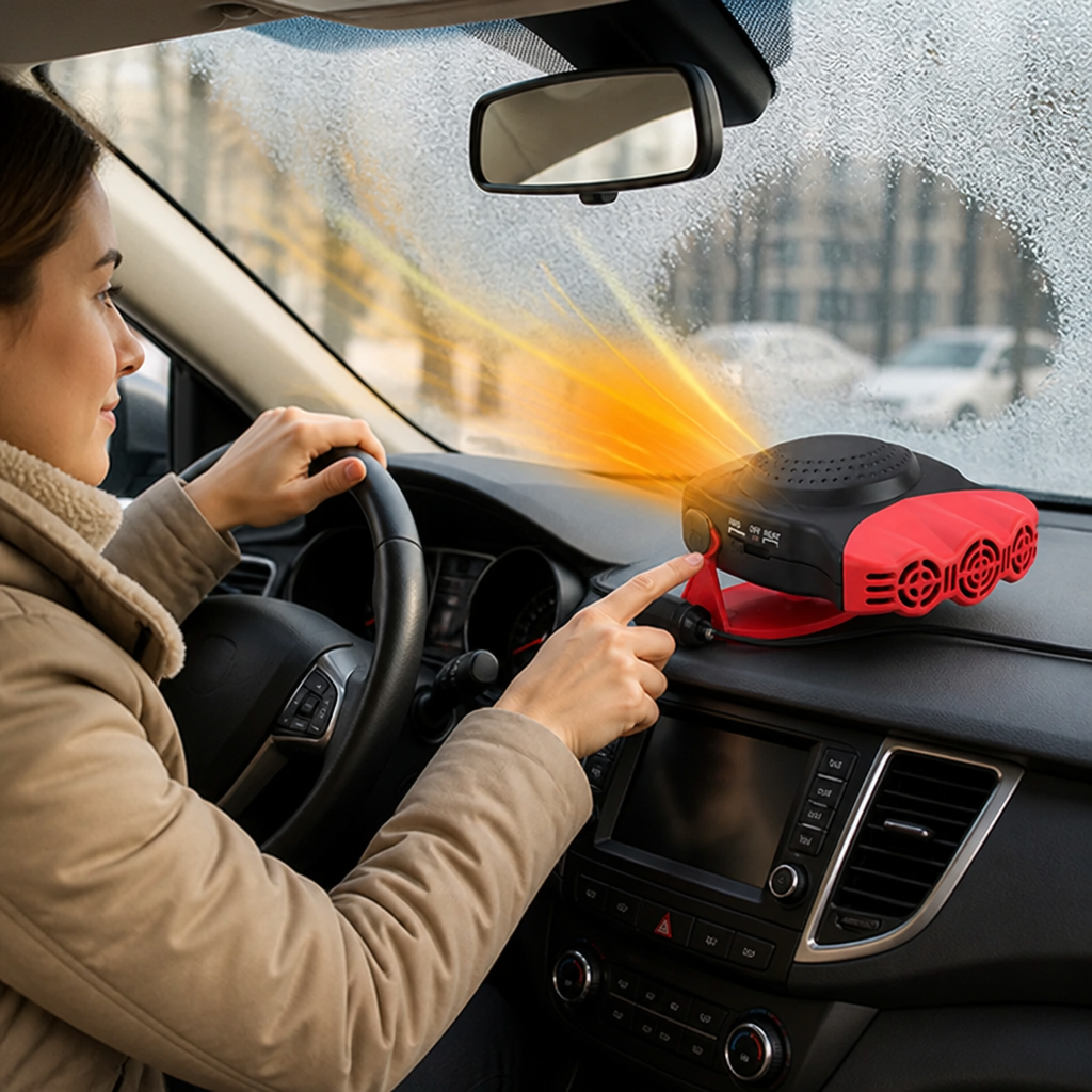 12V-Fahrzeugheizung auf dem Armaturenbrett im Auto