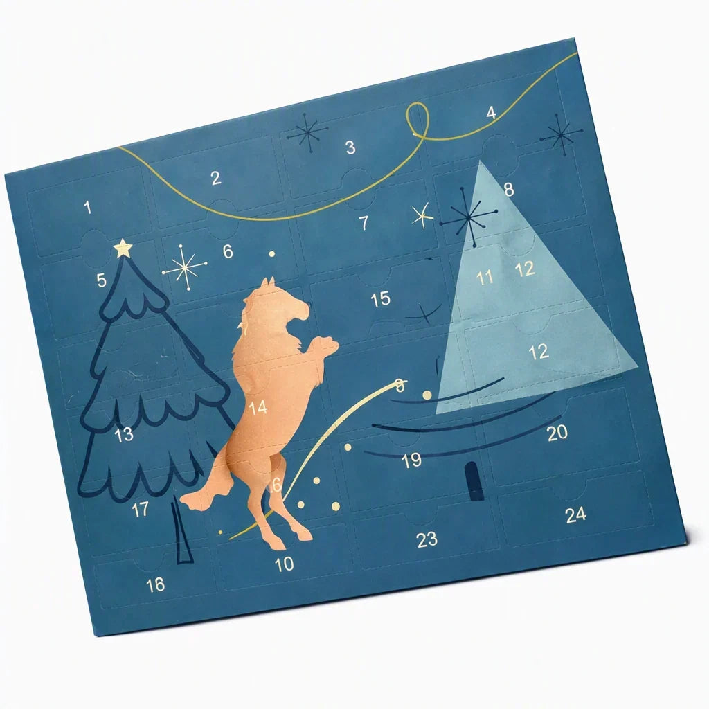 Geöffneter Adventskalender mit nützlichen Überraschungen für Pferd, Stall und Reiter