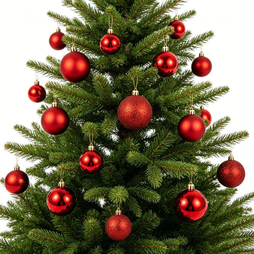 Verschiedene Schmuckelemente für einen festlich geschmückten Weihnachtsbaum